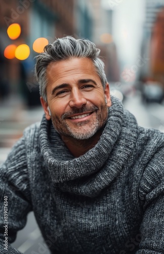 Portrait of a Smiling Man With Gray Hair and a Gray Knit Sweater in a City Se...