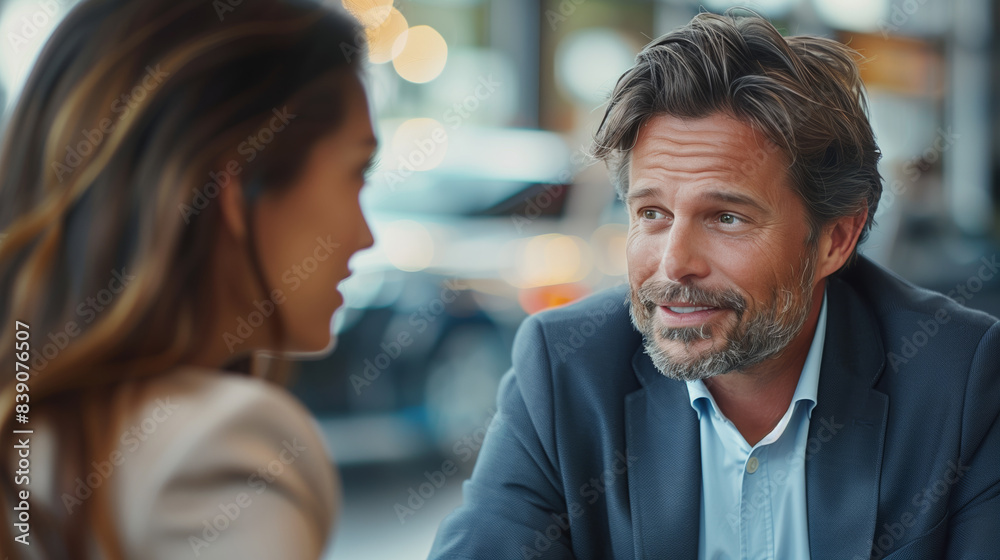 Man and woman discussing a car dealership purchase Man and woman discussing a car dealership purchase