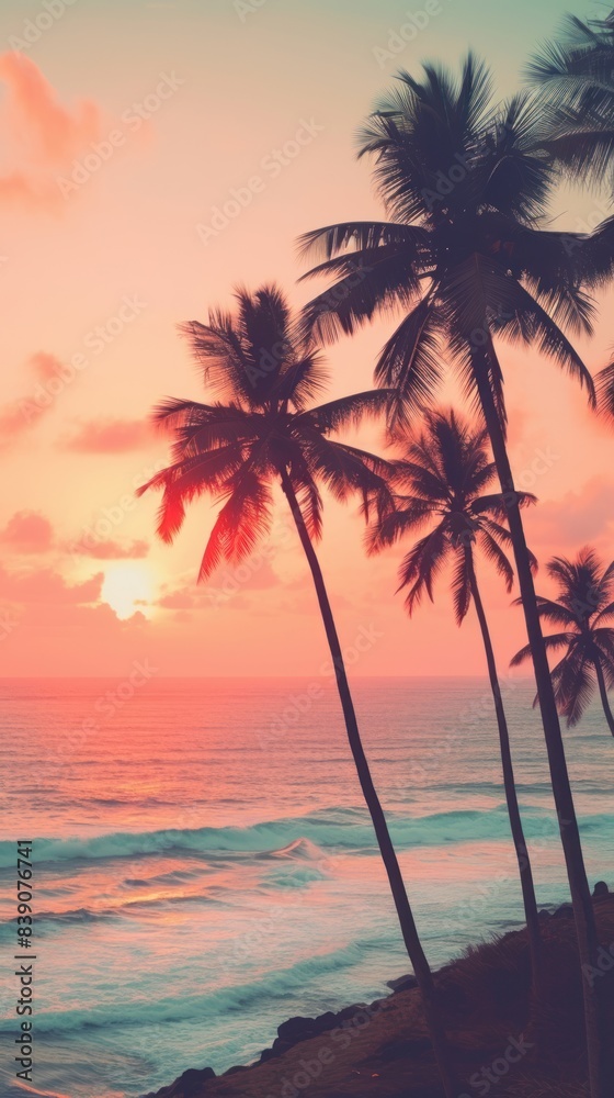 Palm trees on pastel tropical ocean landscape outdoors horizon.