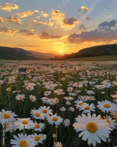 Sunset Over Rolling Hills With Daisies Blooming in Field