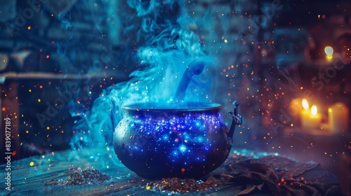 Magical cauldron emitting mystical blue light and sparkles in a dark and enchanting atmosphere, perfect for fantasy and magic themes.