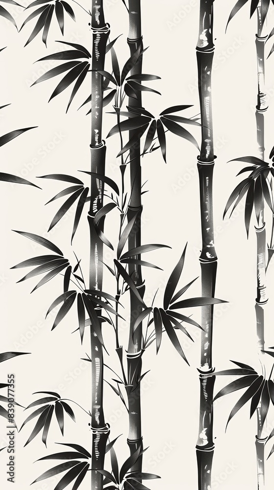 Fototapeta premium Hand-drawn bamboo pattern, monochrome, flat design, detailed lines, no people