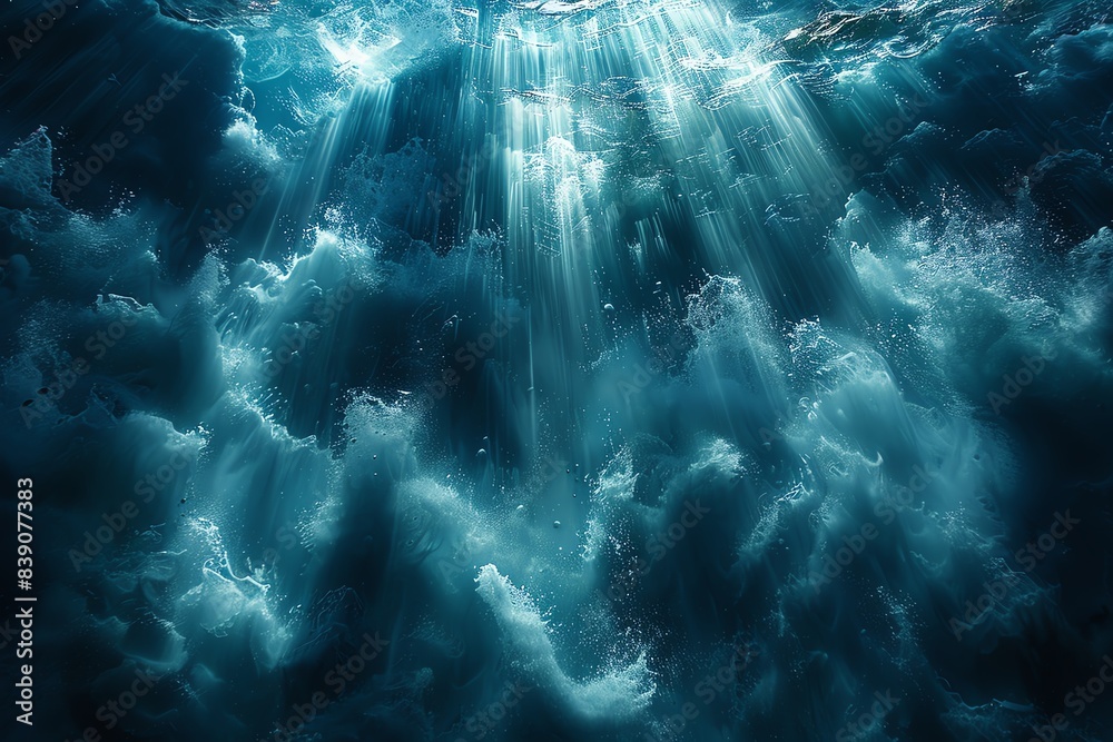 Sunbeams pierce through the water, illuminating a field of whitecaps.
