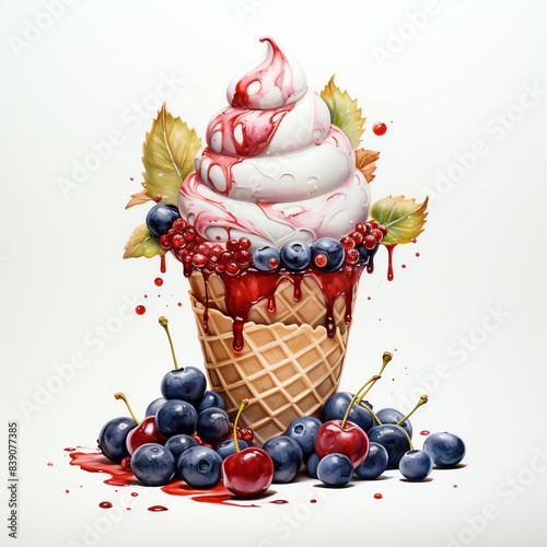 An ice cream cone with holly and berries, painted in watercolor on a white background. photo