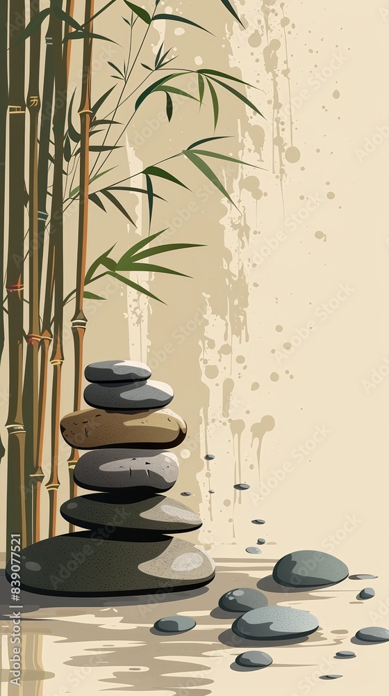 Obraz premium Bamboo and stones, earthy tones, flat design, zen garden, no people