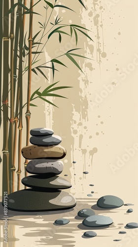 Bamboo and stones, earthy tones, flat design, zen garden, no people