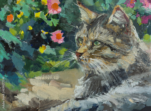 Wallpaper Mural Cat flowers oil painting. A close-up portrait of a cat with green eyes. A domestic cat is resting on a flower bed. Modern painting, oil painting by hand. The concept of romance. Artistic illustration Torontodigital.ca
