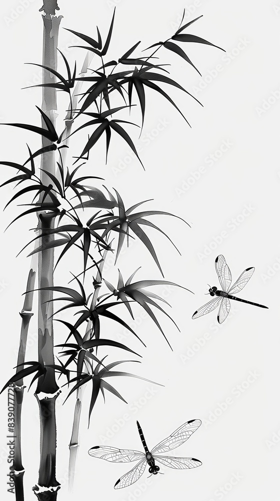 Obraz premium Hand-drawn bamboo and dragonfly, black and white, flat design, intricate detail, no people