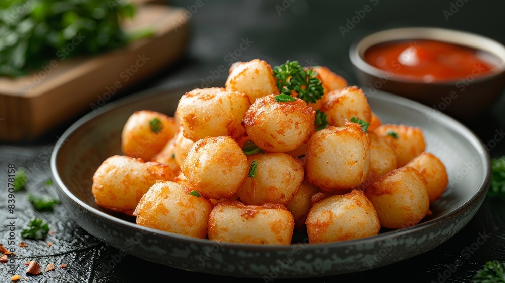 Fried gnocchi with tomato sauce and parsley on a plate Fried gnocchi with tomato sauce and parsley on a plate