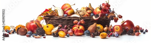 A basket of assorted broken fruits with debris scattered around