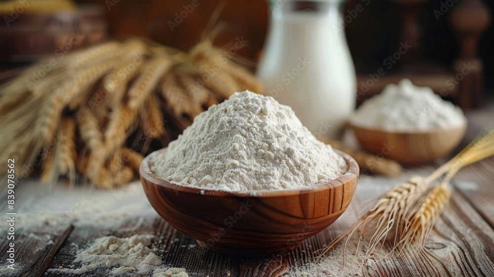Fototapeta premium The white flour in a bowl on a wooden table with wheat and a milk glass bottle close up