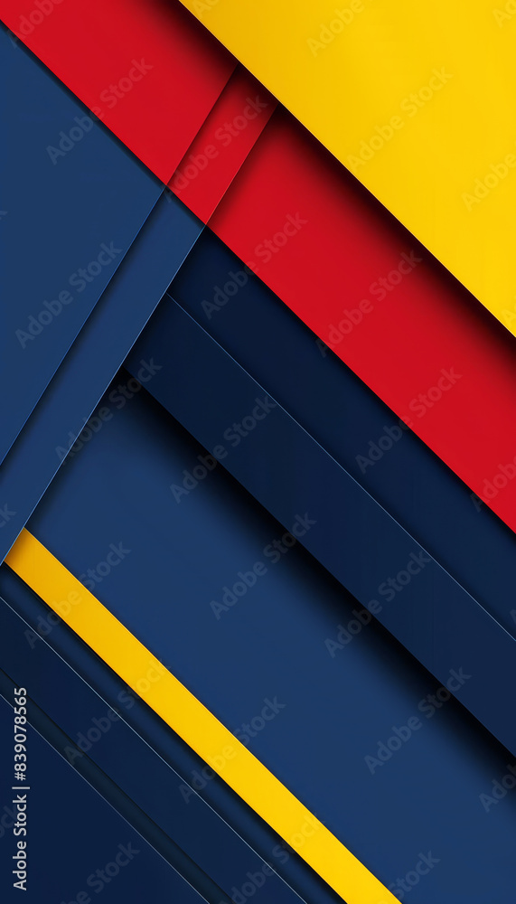 A modern abstract composition with red, yellow, and navy geometric diagonal stripes arranged in a minimalist design. A modern abstract composition with red, yellow, and navy geometric diagonal stripes arranged in a minimalist design.