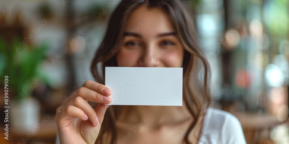 a beautiful woman holds a blank business card way out in front of her towards the camera. a beautiful woman holds a blank business card way out in front of her towards the camera.