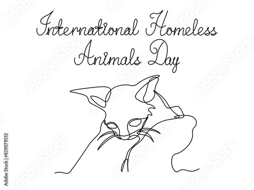 International Homeless Animals Day. poor little kitten in the hands of a person, kindness to homeless animals. continuous single line art drawing sketch, logo