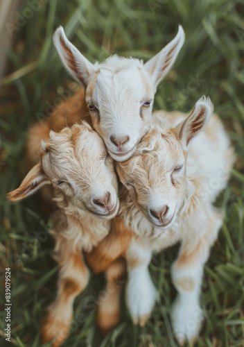 Three Baby Goats Cuddle in a Lush Green Meadow