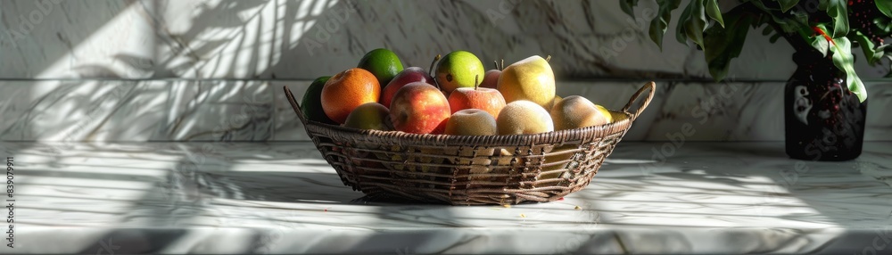 A stylish wicker basket filled with various rotten fruits, positioned on a marble countertop, minimalistic background, natural lighting, perfect for modern visuals on food spoilage A stylish wicker basket filled with various rotten fruits, positioned on a marble countertop, minimalistic background, natural lighting, perfect for modern visuals on food spoilage