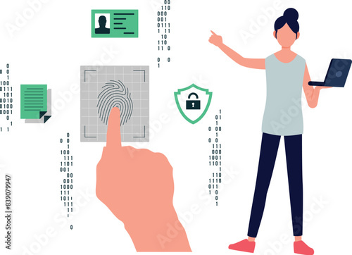 Girl pointing to biometric fingerprint.