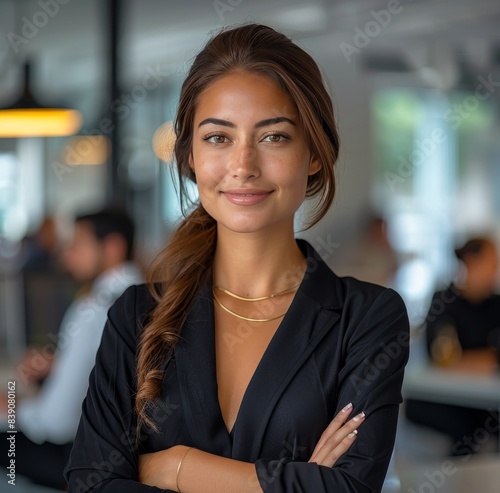 Confident Businesswoman Smiling in Modern Office Setting
