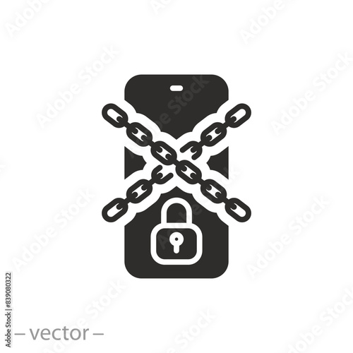 digital censorship icon, social media blocking, phone with lock, disconnect or limit internet, ban chain, flat symbol on white background - vector illustration