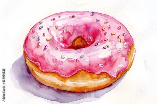 Donat with pink glaze on a white isolated background, watercolor illustration. 