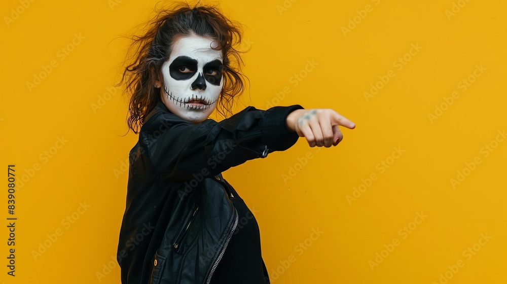 Eye-level angle of a woman with white clay skull makeup, eerily spooky, wearing black clothes, pointing into blank space, set against a vibrant yellow background, digital photorealism Eye-level angle of a woman with white clay skull makeup, eerily spooky, wearing black clothes, pointing into blank space, set against a vibrant yellow background, digital photorealism