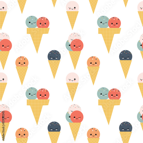 Cute cartoon ice cream characters seamless pattern. Summer gelato balls repeating background. Sweet texture design. Vector illustration for textile, cafe menu, wrapping paper, kids wallpaper