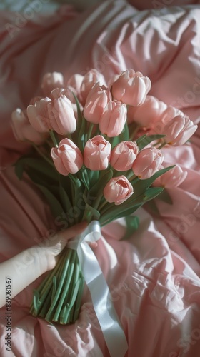 Pink Tulip Bouquet on White Bed Sheets in a Bedroom