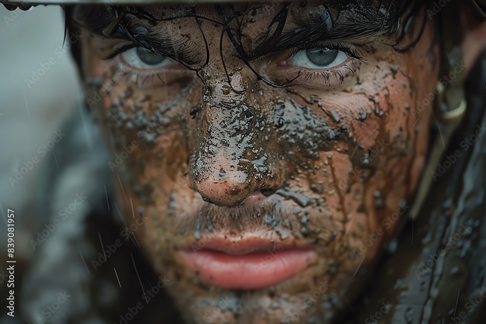 Close-up portrait of a soldier covered in mud, looking intensely. Close-up portrait of a soldier covered in mud, looking intensely.