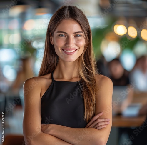 Confident Businesswoman Smiling in Modern Office Setting