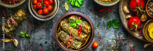 Dolma Set, Buglama with Lamb Shin, Vegetables, Fragrant Herbs. Sarma, Dolmades, Dolmadakia photo