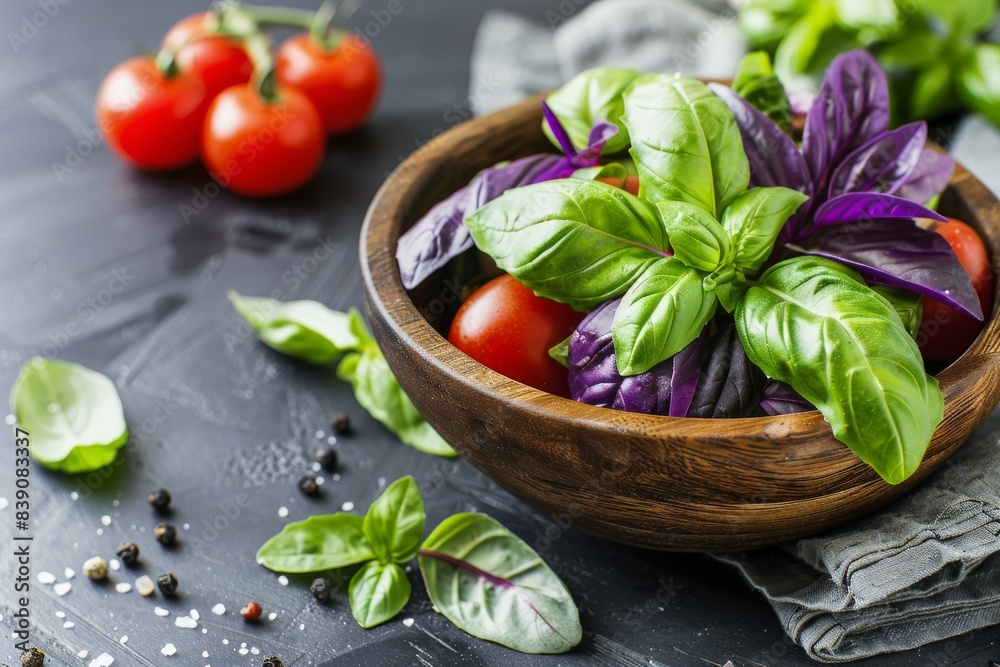 Dark Stone Background with Basil Bunch in Wooden Bowl, Natural Blurred Frame with Gray Napkin Dark Stone Background with Basil Bunch in Wooden Bowl, Natural Blurred Frame with Gray Napkin