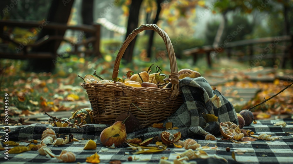 A wicker basket overflowing with broken fruits with fruit debris around A wicker basket overflowing with broken fruits with fruit debris around