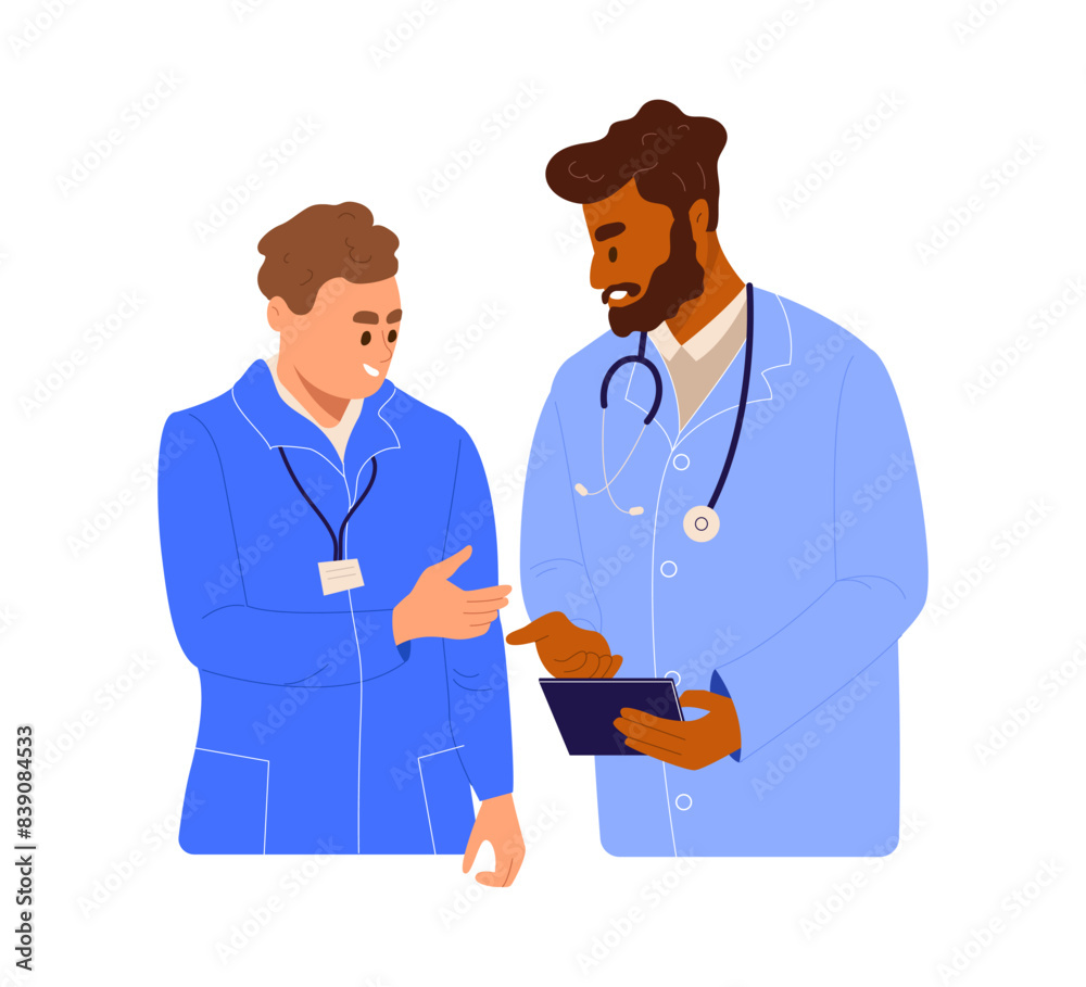 African american doctor and caucasian nurse talking in hospital. Healthcare diverse team. Flat vector illustration isolated on white background African american doctor and caucasian nurse talking in hospital. Healthcare diverse team. Flat vector illustration isolated on white background