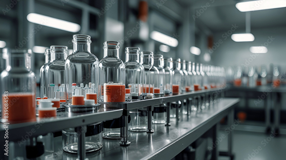 Hand with sanitary gloves check Medical vials on production line at pharmaceutical factory. pharmaceutical machine glass views
