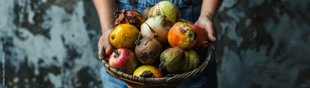 A hand holding a basket full of various rotten fruits, isolated on a white background, moldy and spoiled, high resolution, ideal for advertisements on food waste and spoilage A hand holding a basket full of various rotten fruits, isolated on a white background, moldy and spoiled, high resolution, ideal for advertisements on food waste and spoilage