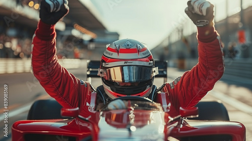 formula 1 driver rising hand for celebrate victory photo