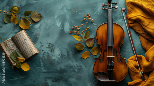 flat lay of violin and rela...