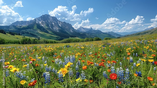 A lush green meadow filled with colorful wildflowers under a bright blue sky, with a distant mountain range in the background.  © forall