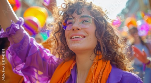 Woman With Curly Hair Smiling In Purple Shirt At Outdoor Festival