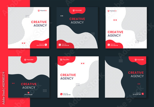 Red organic shape corporate social media post design, Modern digital marketing carousel for online ads and sales. Editable vector collection