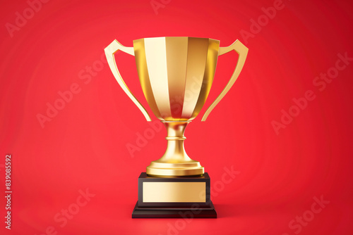 A golden trophy with a black base displayed on a vibrant red background