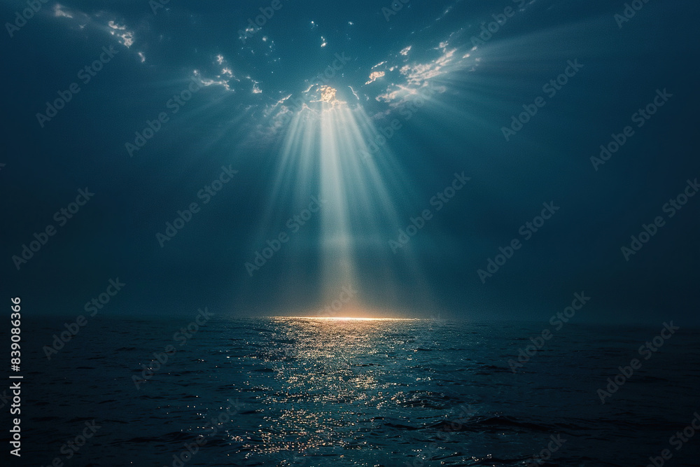 Night seascape. Bright rays of light through the clouds illuminate the sea at night. Generated by artificial intelligence