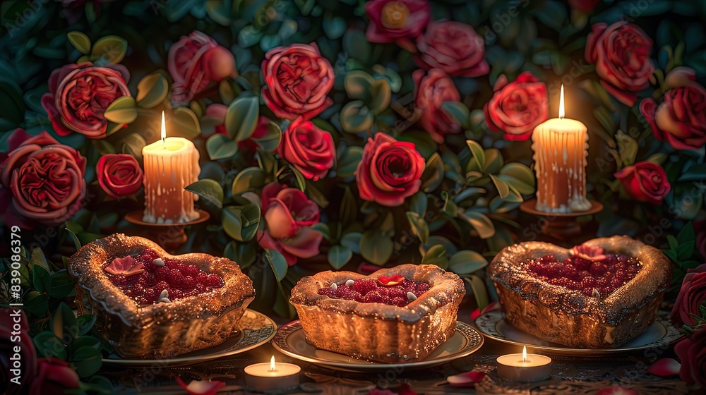 A candlelit dinner table with heart-shaped dishes and floral arrangements, providing an unoccupied area for text overlay amidst the romantic setting A candlelit dinner table with heart-shaped dishes and floral arrangements, providing an unoccupied area for text overlay amidst the romantic setting