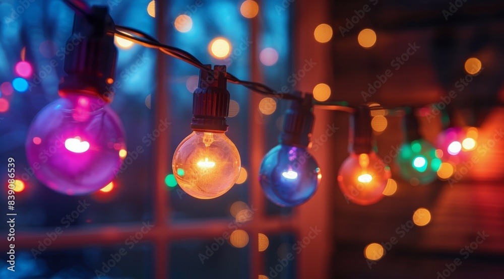 Colorful String Lights Hanging Against a Dark Blue Background Colorful String Lights Hanging Against a Dark Blue Background