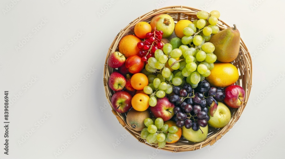 A topdown view of a basket filled with colorful fruits with light shining down A topdown view of a basket filled with colorful fruits with light shining down