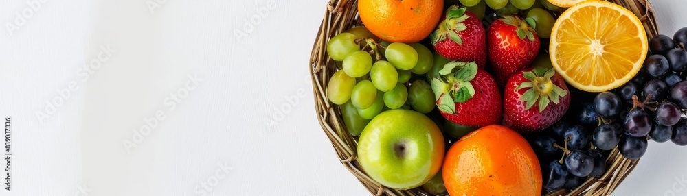 A topdown view of a basket filled with colorful fruits with light shining down