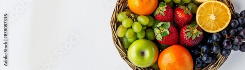 A topdown view of a basket filled with colorful fruits with light shining down