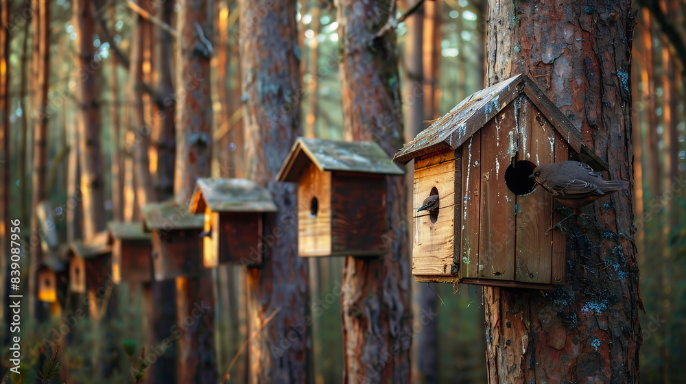 A series of birdhouses installed in a forest to provide habitat for native bird species, supporting biodiversity conservation. Concept Nature Conservation, Sustainability Lifestyle, Forest Protection A series of birdhouses installed in a forest to provide habitat for native bird species, supporting biodiversity conservation. Concept Nature Conservation, Sustainability Lifestyle, Forest Protection