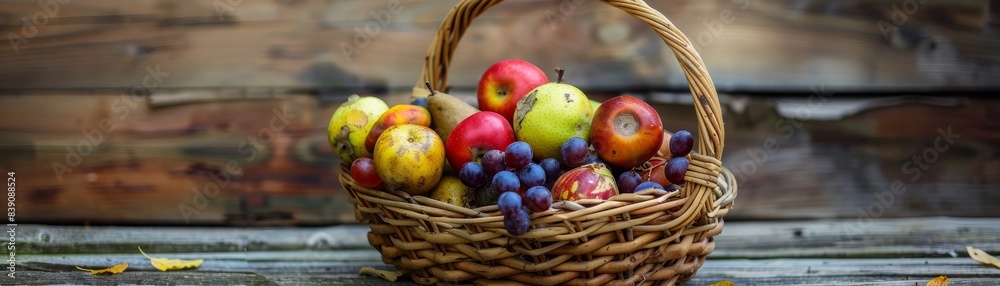 A basket brimming with assorted rotten fruits, placed on a rustic wooden table, natural lighting, ideal for concepts of decay and food waste