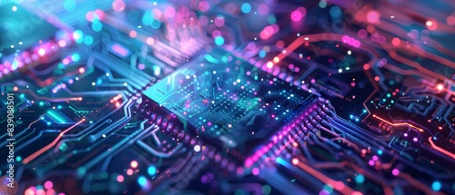 A closeup of an advanced CPU chip on the circuit board, glowing with blue and purple lights, symbolizing technology's impact in artificial intelligence
